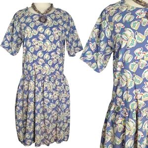 Vintage 80s 90s Floral Teacup Dress Sz Medium 100% Cotton Handmade Cottagecore